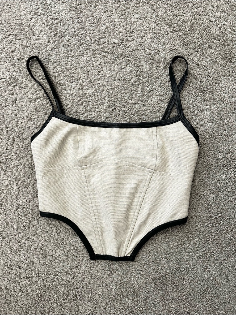 White Fox Cream Corset-Style Tank Top with Black Trim